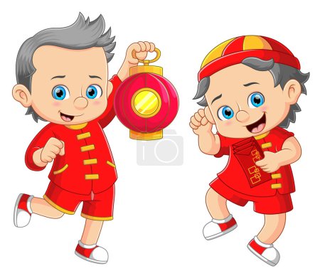 Téléchargez les illustrations : Deux enfants célèbrent le Nouvel An chinois d'illustration - en licence libre de droit