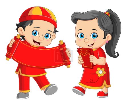 Téléchargez les illustrations : Garçon et fille célébrant le Nouvel An chinois d'illustration - en licence libre de droit