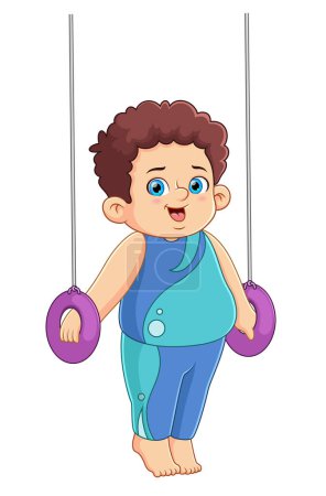 Téléchargez les illustrations : Heureux dessin animé gros garçon accroché sur gymnastique anneaux d'illustration - en licence libre de droit