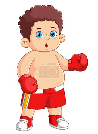 Téléchargez les illustrations : Un mignon gros garçon utilisant des gants de boxe rouge d'illustration - en licence libre de droit