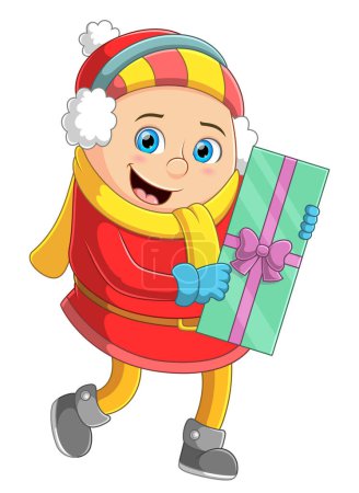 Téléchargez les illustrations : Un garçon mignon tenant cadeau à Noël jour de l'illustration - en licence libre de droit