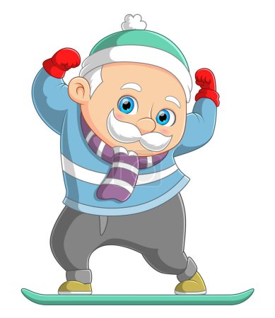 Illustration for A old man playing snowboard in winter season of illustration - Royalty Free Image