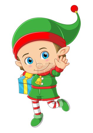 Téléchargez les illustrations : Dessin animé elfe de Noël portant un cadeau d'illustration - en licence libre de droit