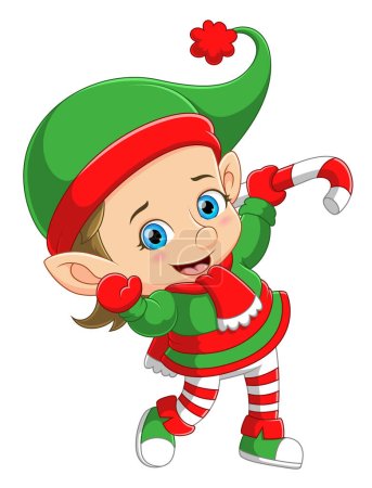Illustration for Cute elf holding big a candy cane of illustration - Royalty Free Image