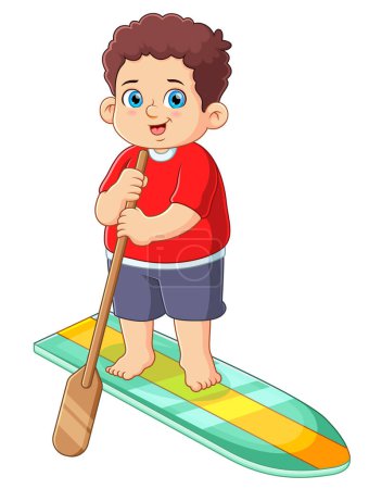 Illustration for Active young boy paddle boarding in lake of illustration - Royalty Free Image