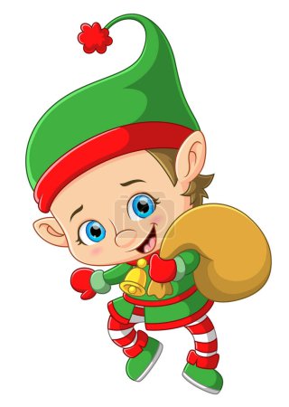 Little elf running and carrying gifts sack of illustration