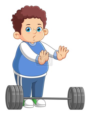 Téléchargez les illustrations : Un garçon prêt à l'action avec un haltère en salle de gym d'illustration - en licence libre de droit