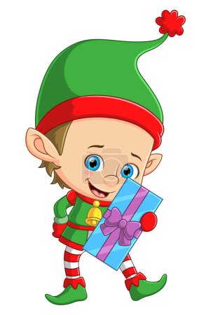 Ilustración de Lindo chico elfo sosteniendo un gran regalo de ilustración - Imagen libre de derechos