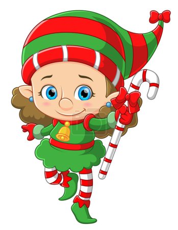 Ilustración de Linda chica elfa llevando bastón de caramelo de ilustración - Imagen libre de derechos