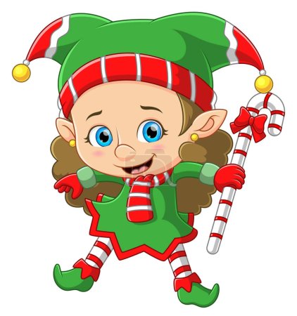 Téléchargez les illustrations : Fille elfe heureux portant une grosse canne à bonbons d'illustration - en licence libre de droit