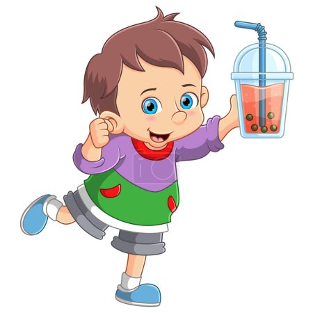 Téléchargez les illustrations : Dessin animé petit garçon boire bulle lait thé de l'illustration - en licence libre de droit