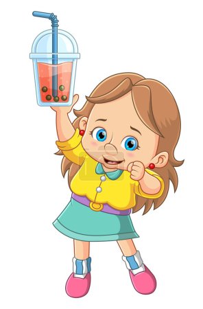Ilustración de Linda niña sosteniendo té de leche de burbuja de ilustración - Imagen libre de derechos