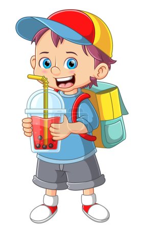 Ilustración de Niño sosteniendo té de leche de burbuja y llevando mochila de ilustración - Imagen libre de derechos