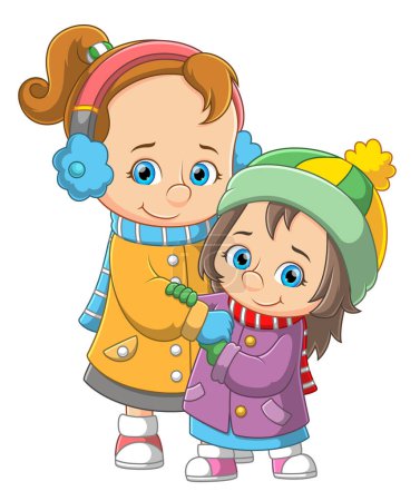 Illustration for Mother and daughter dressed in winter warm clothes of illustration - Royalty Free Image