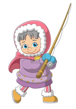 Illustration for Young girl teen dressed in winter warm clothes and holding fishing stick of illustration - Royalty Free Image