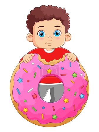 Ilustración de Un chico lindo comiendo un gran donut de ilustración - Imagen libre de derechos