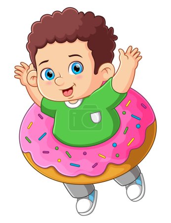 Ilustración de Un chico lindo jugando con un gran juguete de la rosquilla de fresa de la ilustración - Imagen libre de derechos