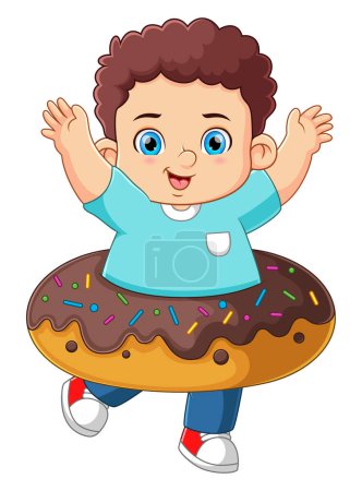 Téléchargez les illustrations : Un garçon mignon jouant avec un gros jouet de beignet en chocolat d'illustration - en licence libre de droit