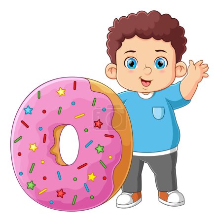 Téléchargez les illustrations : Un garçon mignon bonne pose et agitant avec un gros jouet beignet rose d'illustration - en licence libre de droit