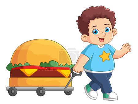 Téléchargez les illustrations : Un garçon mignon tirant un gros hamburger d'illustration - en licence libre de droit