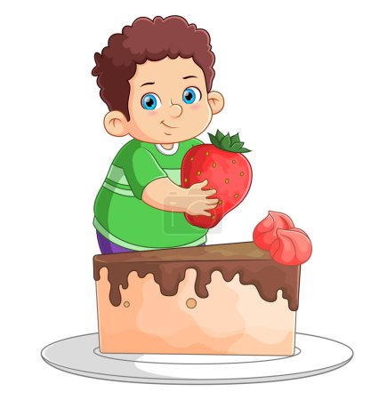 Téléchargez les illustrations : Un garçon mignon mangeant un gros gâteau et une grosse fraise d'illustration - en licence libre de droit