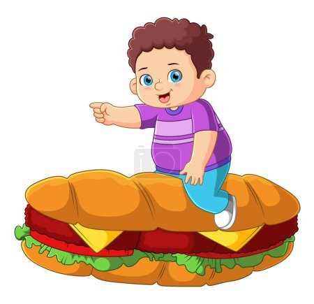 Téléchargez les illustrations : Un garçon mignon chevauchant et jouant un gros hot-dog d'illustration - en licence libre de droit