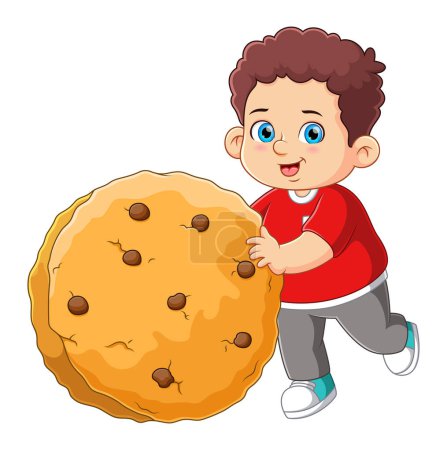 Téléchargez les illustrations : Un garçon mignon portant un gros biscuit d'illustration - en licence libre de droit