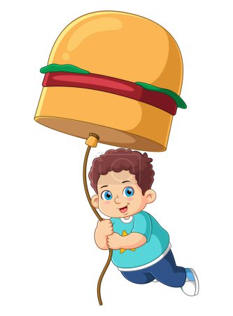 Téléchargez les illustrations : Un garçon mignon tenant un gros ballon de hamburger d'illustration - en licence libre de droit