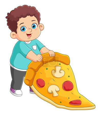 Téléchargez les illustrations : Un garçon mignon mangeant une grosse tranche de pizza d'illustration - en licence libre de droit