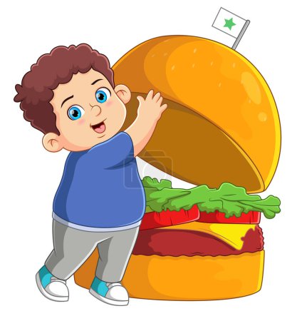 Téléchargez les illustrations : Un garçon mignon mangeant un gros burger d'illustration - en licence libre de droit