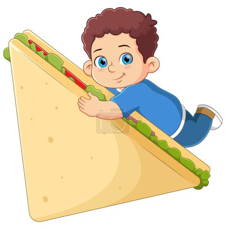 Téléchargez les illustrations : Un garçon mignon mangeant un gros sandwich d'illustration - en licence libre de droit