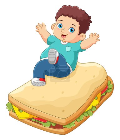 Illustration for A cute boy jumping on a big sandwich of illustration - Royalty Free Image