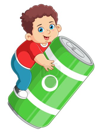 Illustration for A boy ready drink from a big soda can of illustration - Royalty Free Image