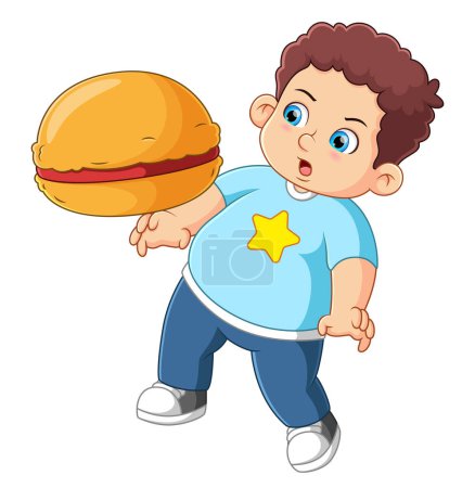 Téléchargez les illustrations : Un garçon mignon mangeant un gros gâteau dorayaki d'illustration - en licence libre de droit