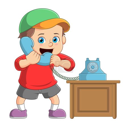 Téléchargez les illustrations : Petit garçon parlant sur un téléphone câblé rétro d'illustration - en licence libre de droit