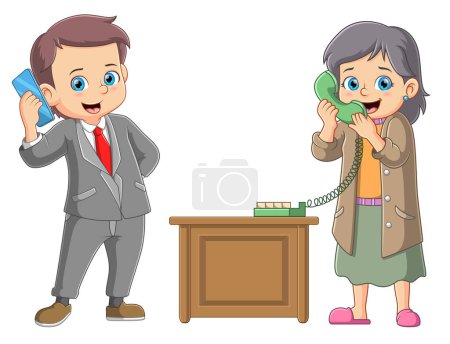 Illustration for Father and mother talking on a retro wired telephone of illustration - Royalty Free Image