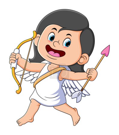 Téléchargez les illustrations : The little cupid girl is holding the bow and love arrow of illustration - en licence libre de droit