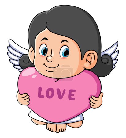 Ilustración de The cute cupid girl is holding the love pillow of illustration - Imagen libre de derechos