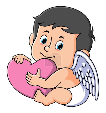Illustration for The cute cupid is hugging a big love and looking at camera of illustration - Royalty Free Image