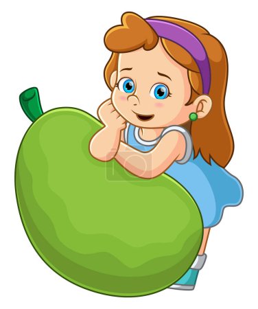 Téléchargez les illustrations : A cute girl is posing adorably with a large mango of illustration - en licence libre de droit