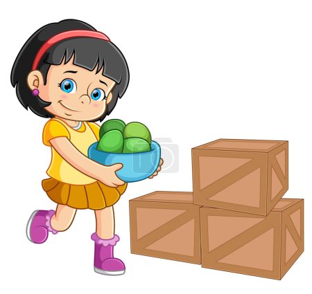Téléchargez les illustrations : A beautiful girl is carrying many fresh mangoes of illustration - en licence libre de droit