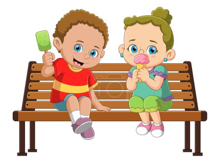 Illustration for A boy and girl sitting on park chairs eating ice cream of illustration - Royalty Free Image