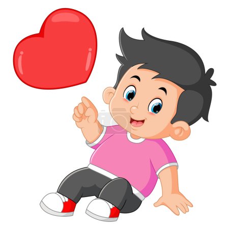 Cute boys are sitting and pointing at a red valentine heart of illustration