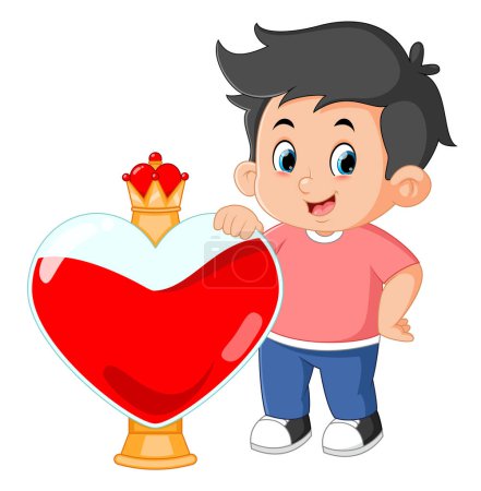 Illustration for Cute boys posing with love perfume in a big heart bottle of illustration - Royalty Free Image