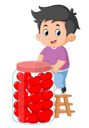 Illustration for Cute boys put lots of red valentine heart cookies in a big jar of illustration - Royalty Free Image