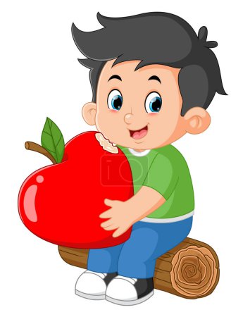 Téléchargez les illustrations : Cute boys sitting and eating a big heart shaped apple of illustration - en licence libre de droit