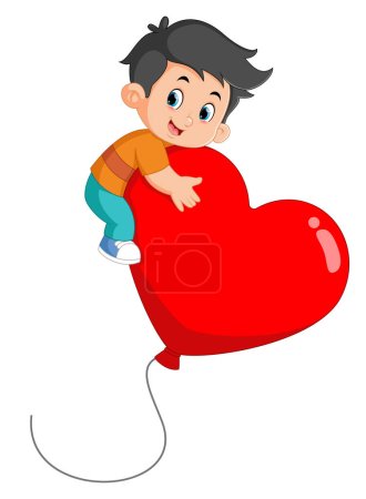 cute boys playing around with big red heart balloons of illustration