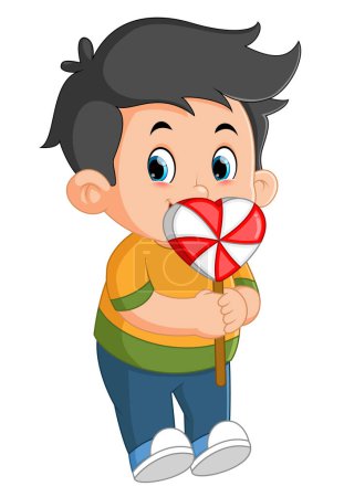 Illustration for Cute boys are enjoying big heart shaped candies of illustration - Royalty Free Image
