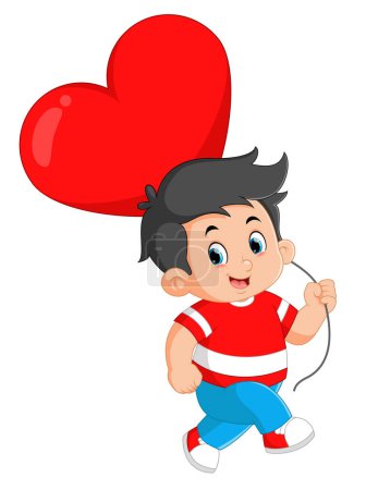 Ilustración de Cute boy carrying a big red balloon in the shape of a heart of illustration - Imagen libre de derechos