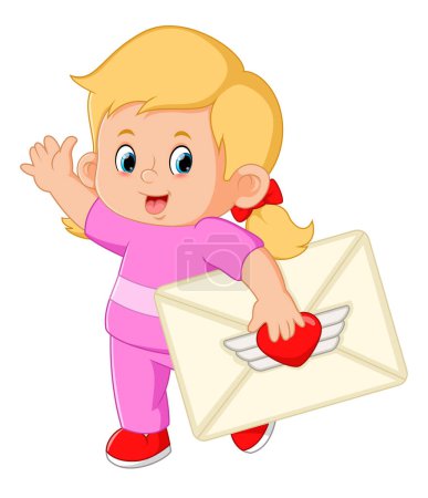 Illustration for Cute girls are carrying big love letters of illustration - Royalty Free Image